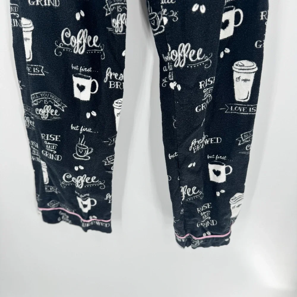 PJ Salvage Pajama Set Women S Black Coffee Print Flannel Button Front Pants - Picture 10 of 12